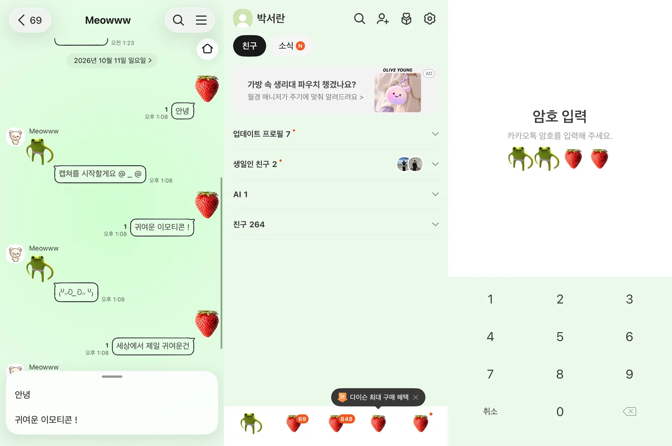 완성한 테마를 적용한 카카오톡 화면